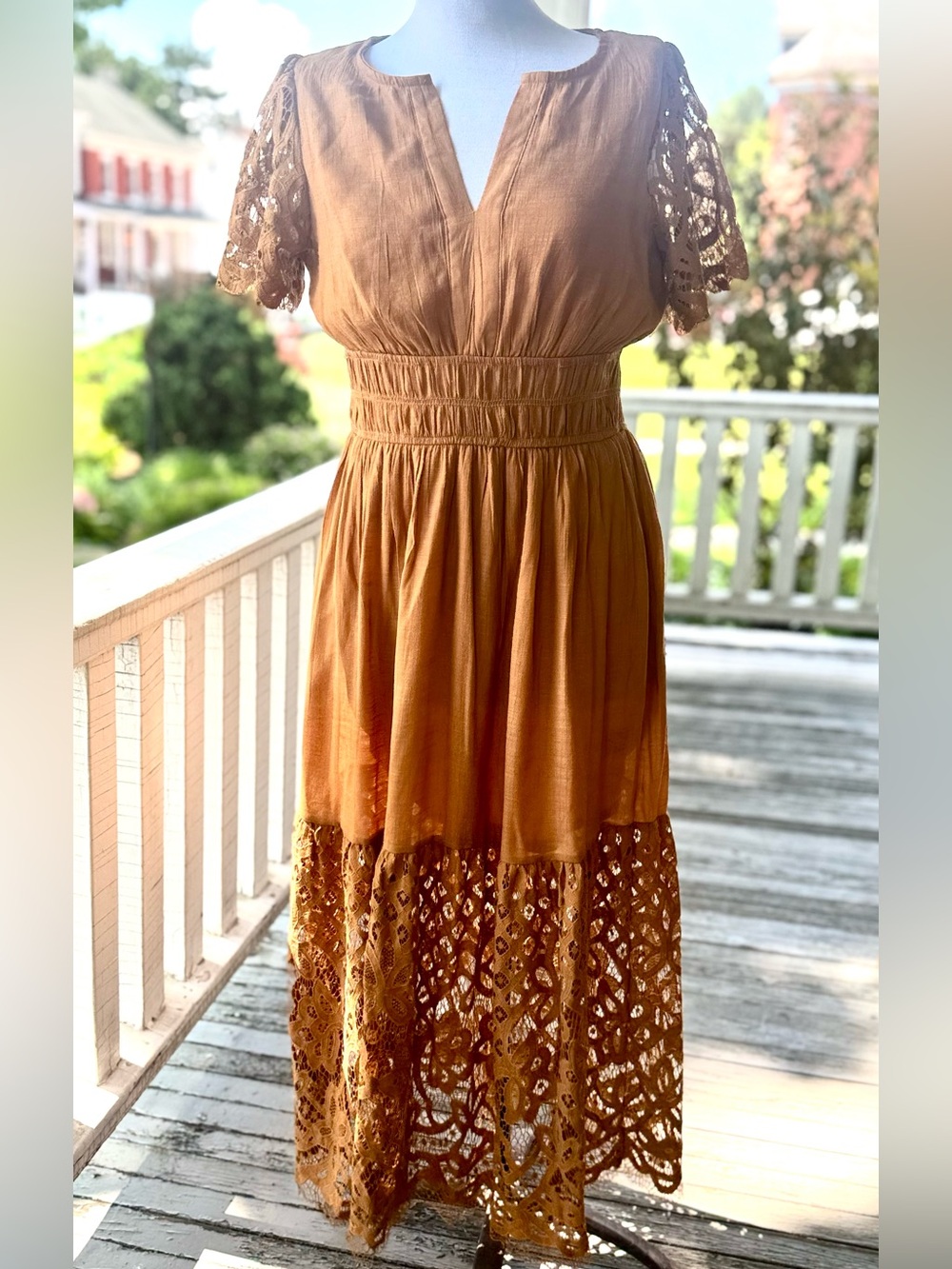 Bohemian Lace-Hem Maxi Dress in rich brown